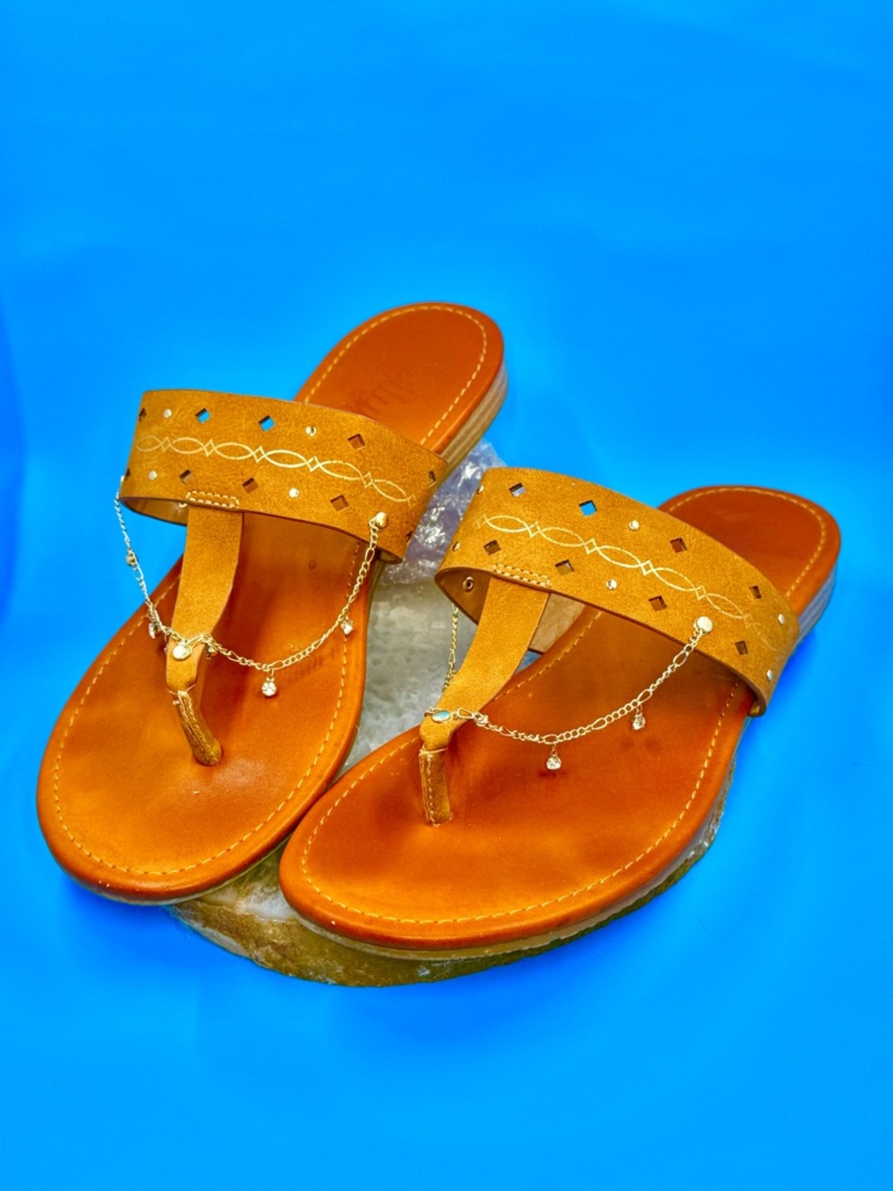 Jellypop Cognac Brown T-Strap Slide Sandals with Gold Chain Detail
